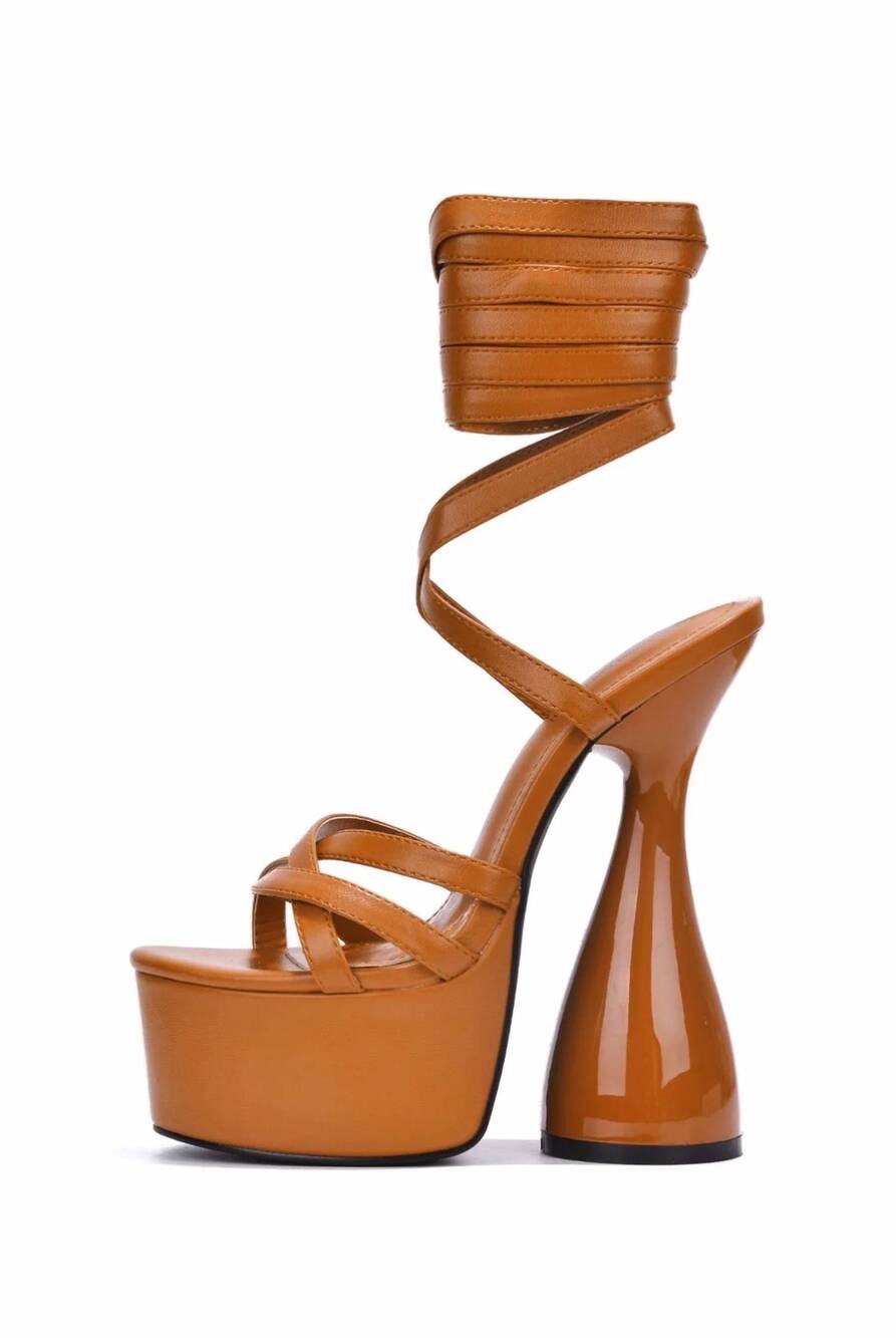 NEW CAPE ROBBIN women's julee tie up platform thick heel in tan